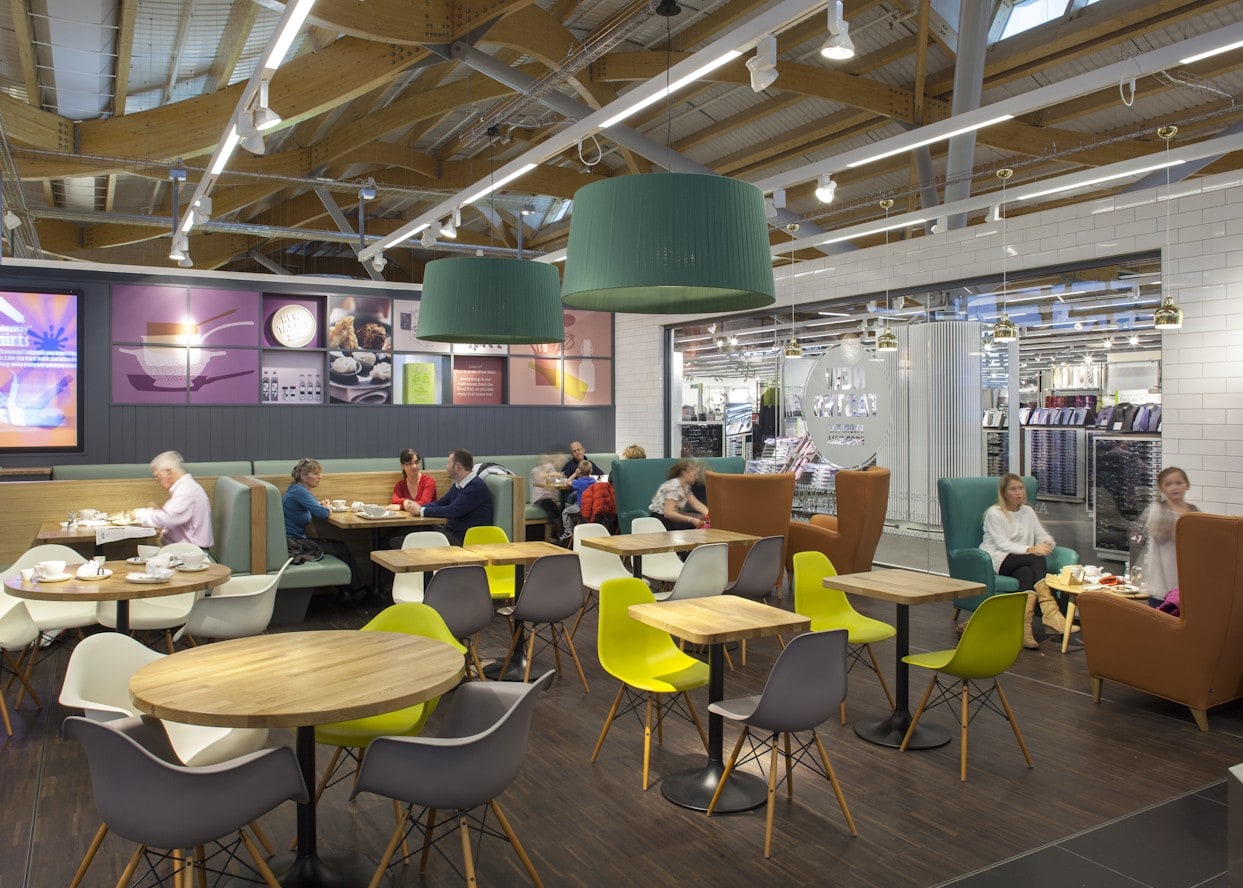 retail lighting design: M&S Chester cafe seating area