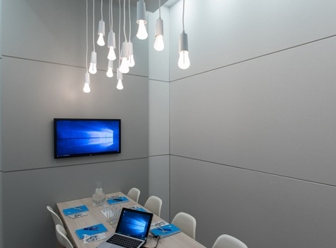 Modern office pod with falling string light bulbs x