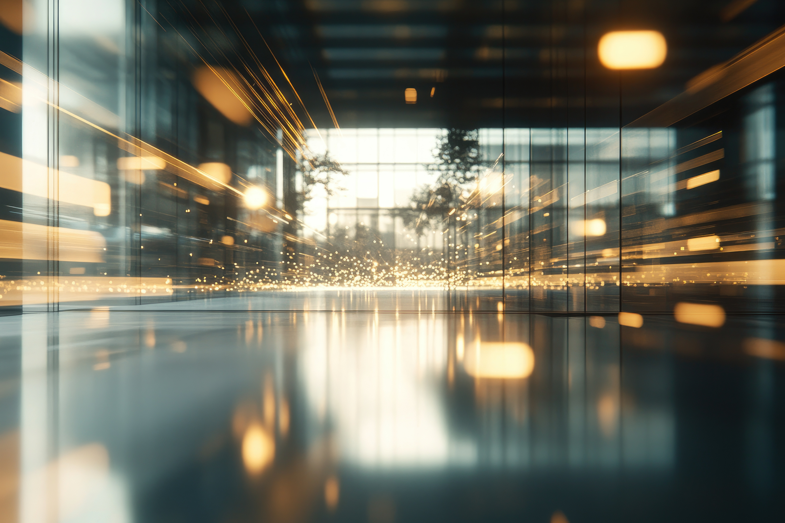 Modern office hallway, light trails, city view, future concept