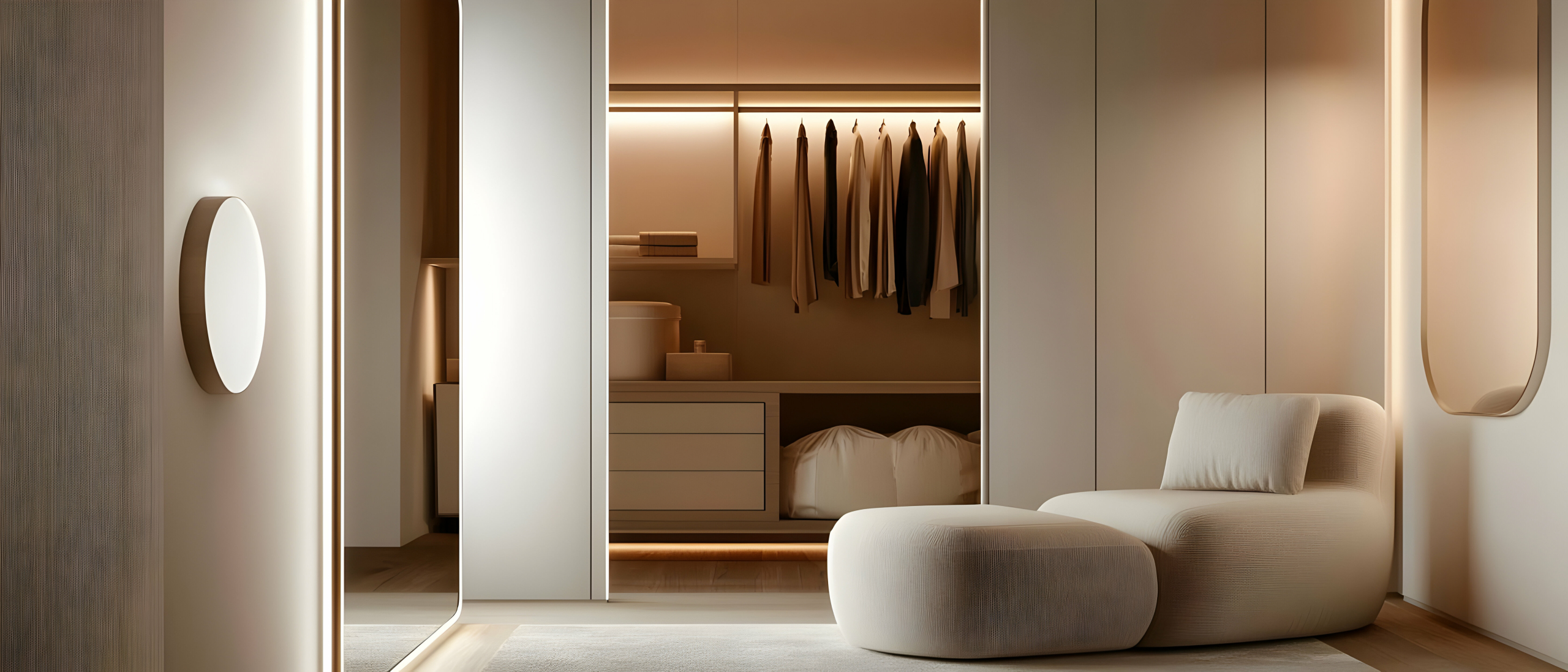 Modern Walk in Closet with Relaxing Seating Area